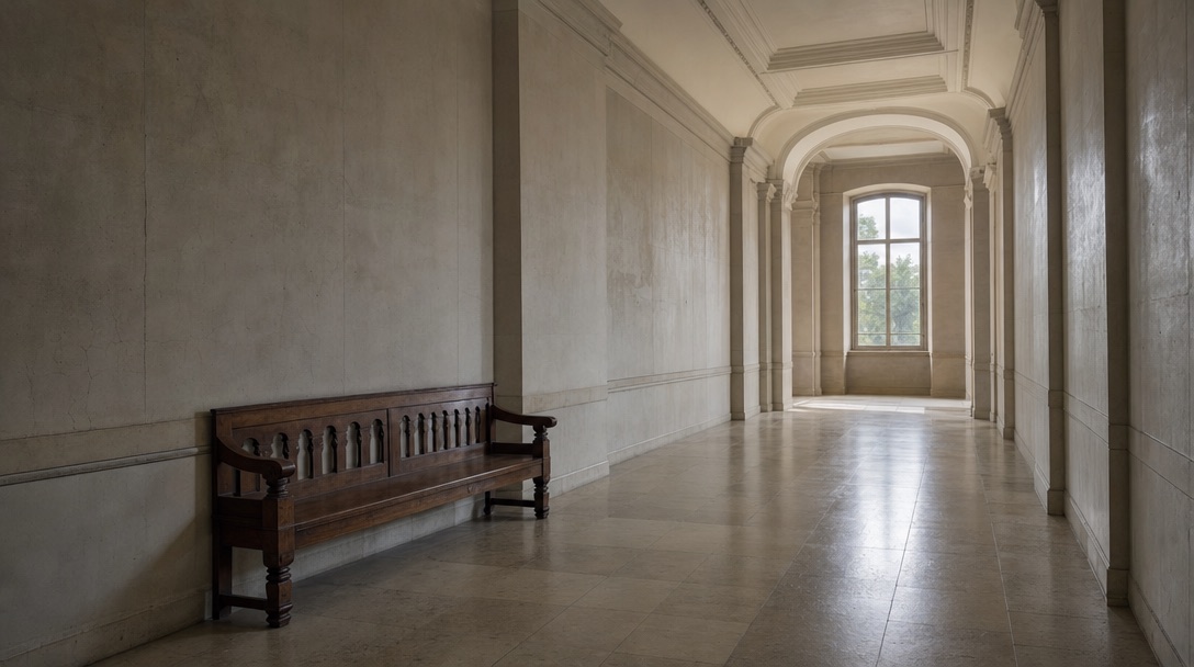 Empty daylight courthouse corridor with a single wooden bench against bare walls