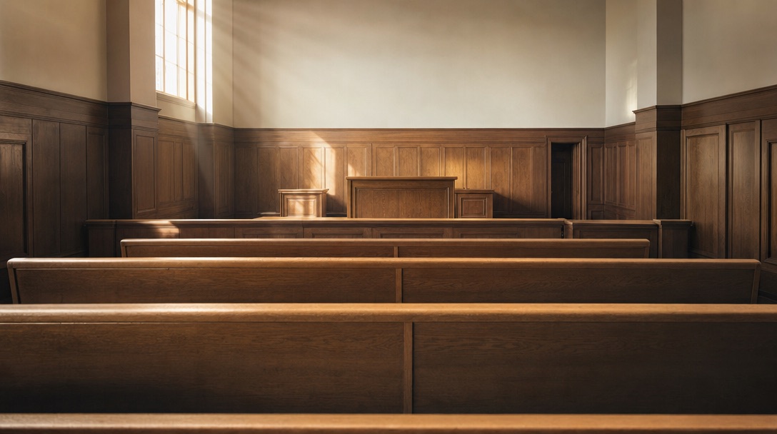 Empty wooden courtroom gallery benches lit by warm light from a high window